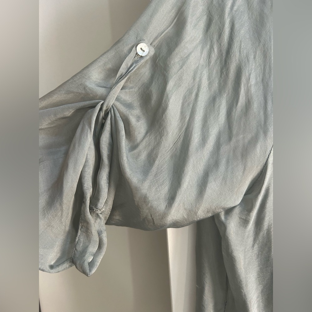 Nina Kendosa Silk Green Gray Blouse with Jersey ruffled Liner in size large NWT - Picture 4 of 16